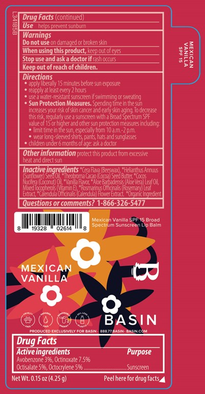 Basin Mexican Vanilla Spf 15 Sunscreen Lip Balm 0.15 Oz Label (L34185b Pl107s Basin Epcot Vanilla Spf 15 Broad Spectrum Sunscreen Lip Balm 2023 1 31 Ol)